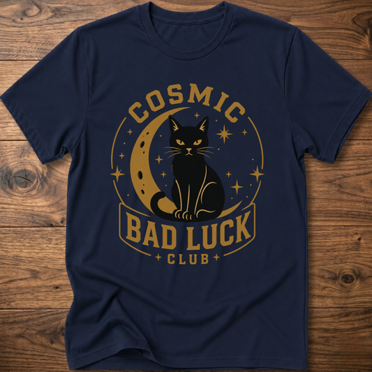 Royal blue T-shirt with black cat cosmic circle graphic and "Bad Luck Club" front print