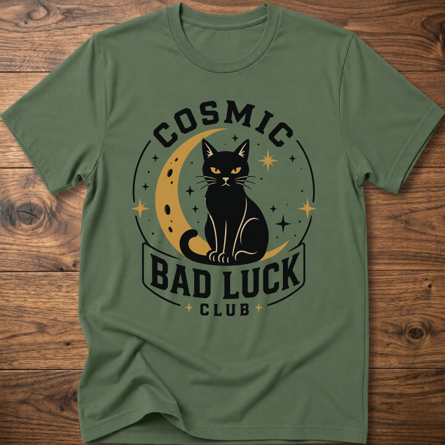 Military green T-shirt with black cat in cosmic circle and "Bad Luck Club" print