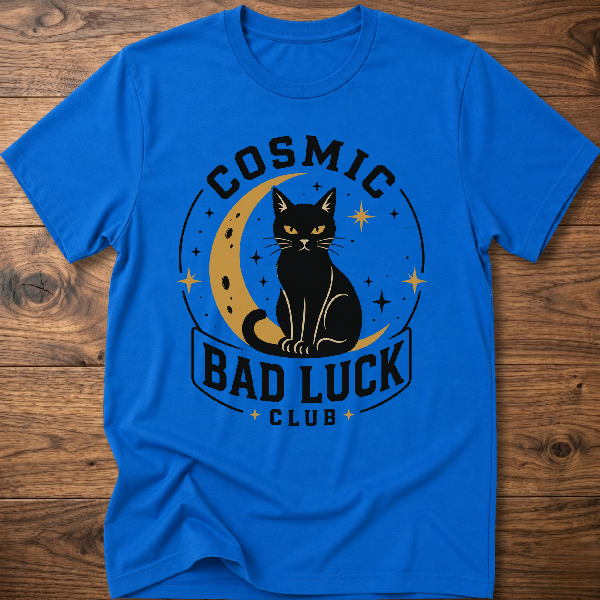 Royal blue T-shirt with black cat cosmic circle and "Bad Luck Club" front print