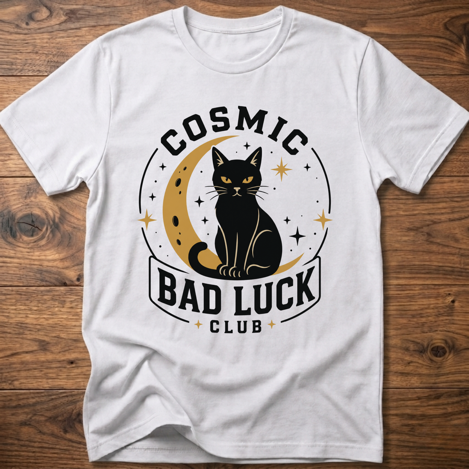White T-shirt with black cat cosmic circle logo and "Bad Luck Club" front print