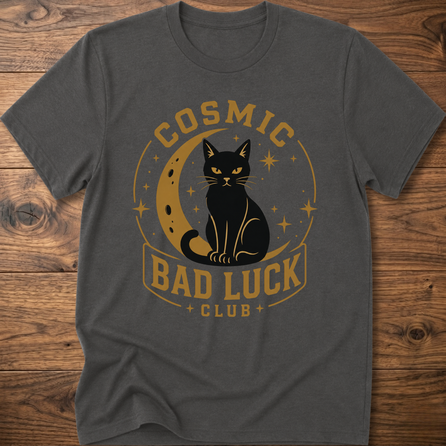 Charcoal T-shirt with black cat cosmic circle design and "Bad Luck Club" front print