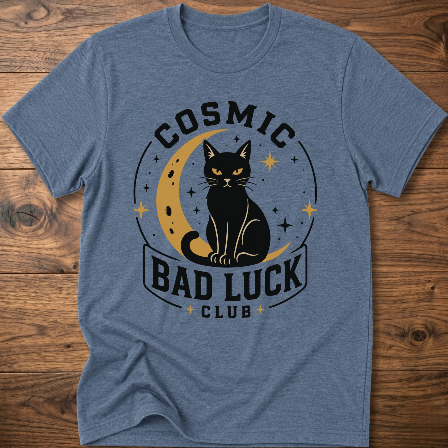 Heather blue T-shirt with black cat cosmic circle graphic and "Bad Luck Club" front print