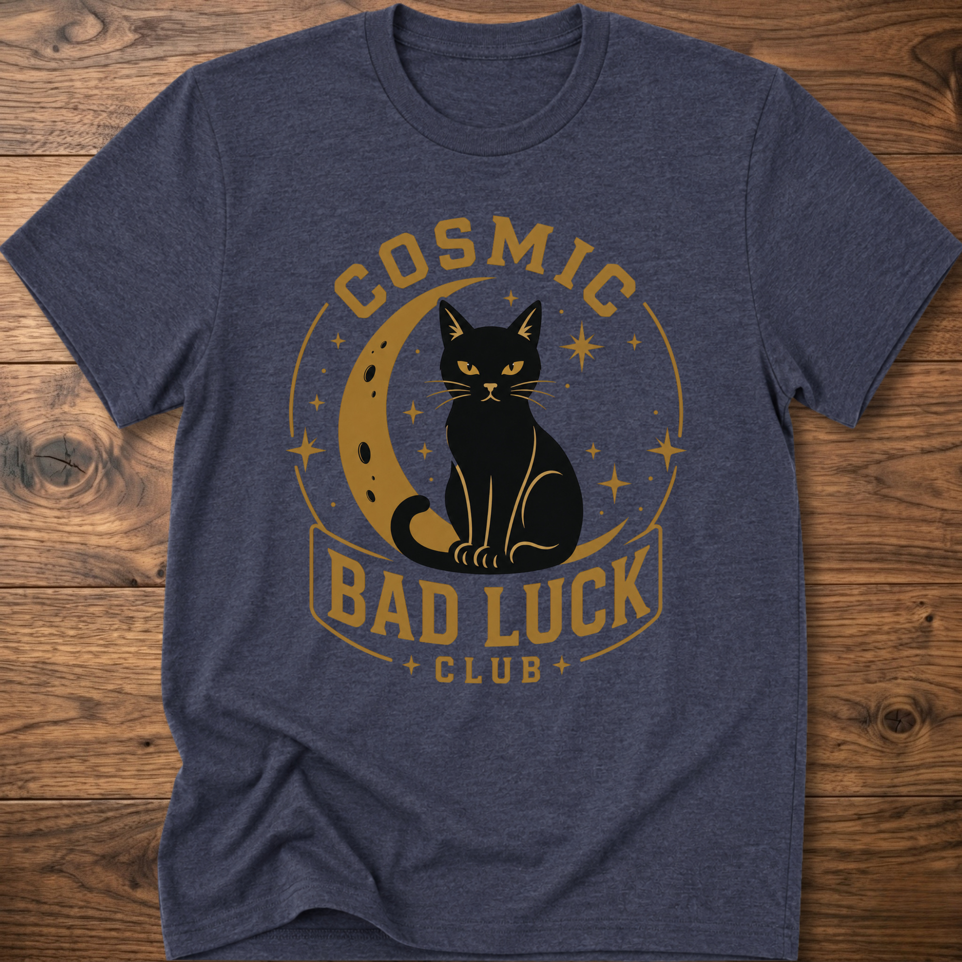 Navy T-shirt with black cat cosmic circle graphic and "Bad Luck Club" front print