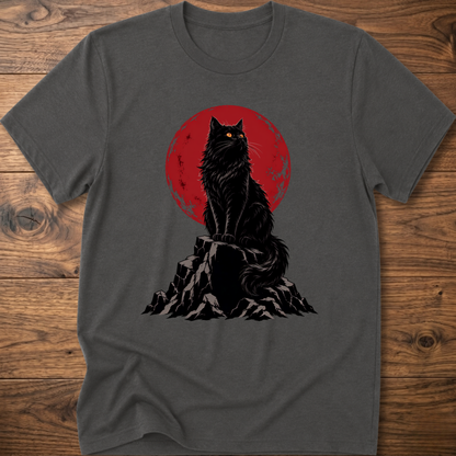Charcoal gray t-shirt with black cat graphic on rocky ground inside red circle.