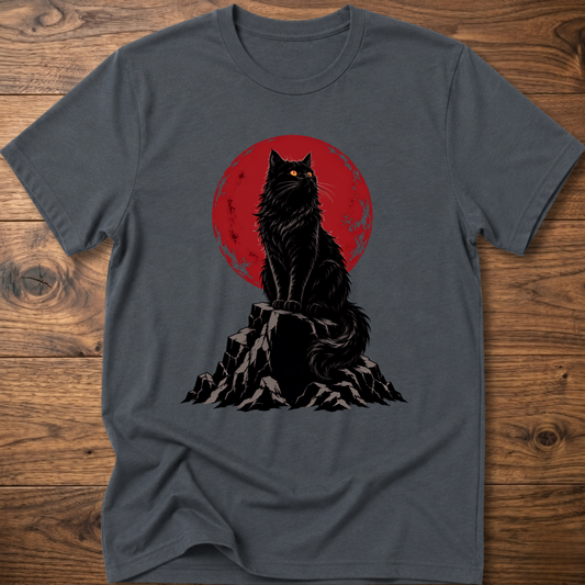 Dark gray t-shirt with black cat graphic on rocky ground inside red circle.