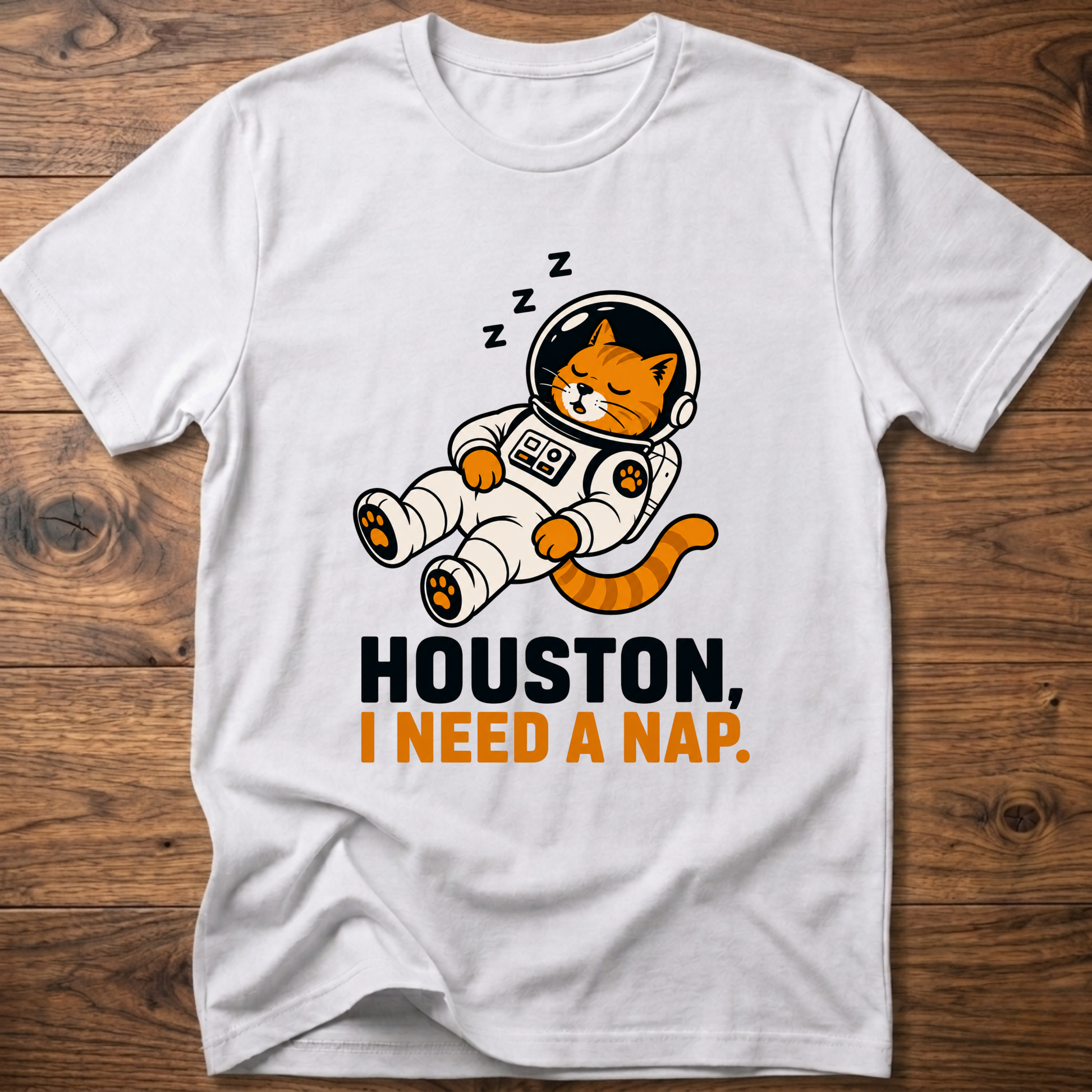 White crew-neck T-shirt with cat astronaut graphic: HOUSTON, I NEED A NAP.