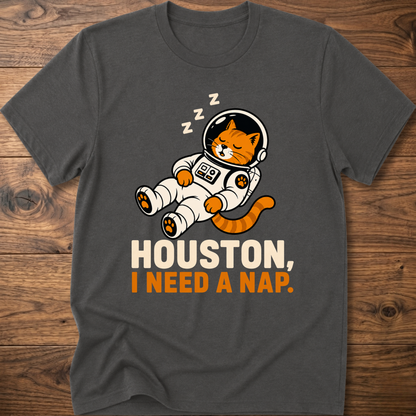 Charcoal heather crew-neck T-shirt with cat astronaut graphic: HOUSTON, I NEED A NAP.