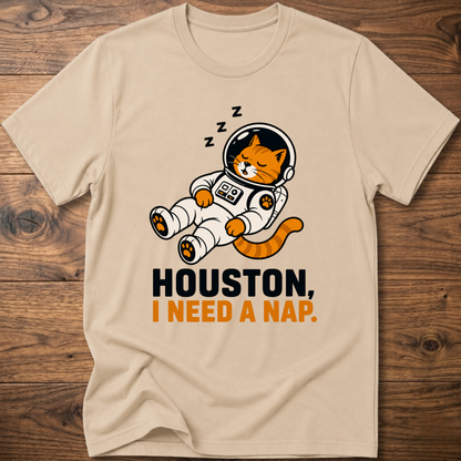 Sand beige crew-neck T-shirt with cat astronaut graphic: HOUSTON, I NEED A NAP.