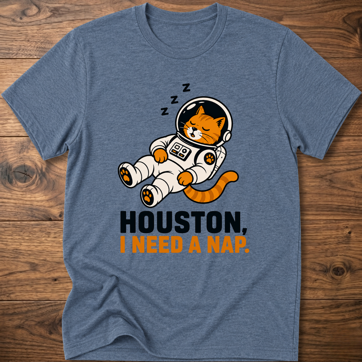Heather blue crew-neck T-shirt with cat astronaut graphic: HOUSTON, I NEED A NAP.