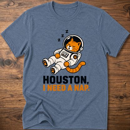 Heather blue crew-neck T-shirt with cat astronaut graphic: HOUSTON, I NEED A NAP.