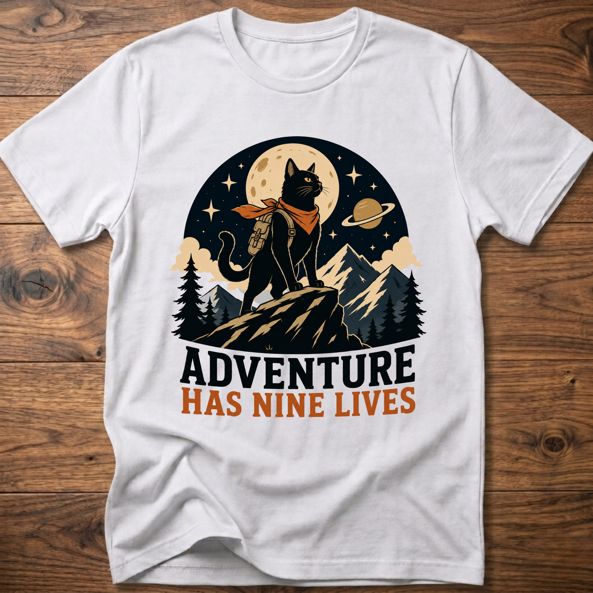 White cat graphic t-shirt, moonlit cat on mountains with 'Adventure Has Nine Lives'