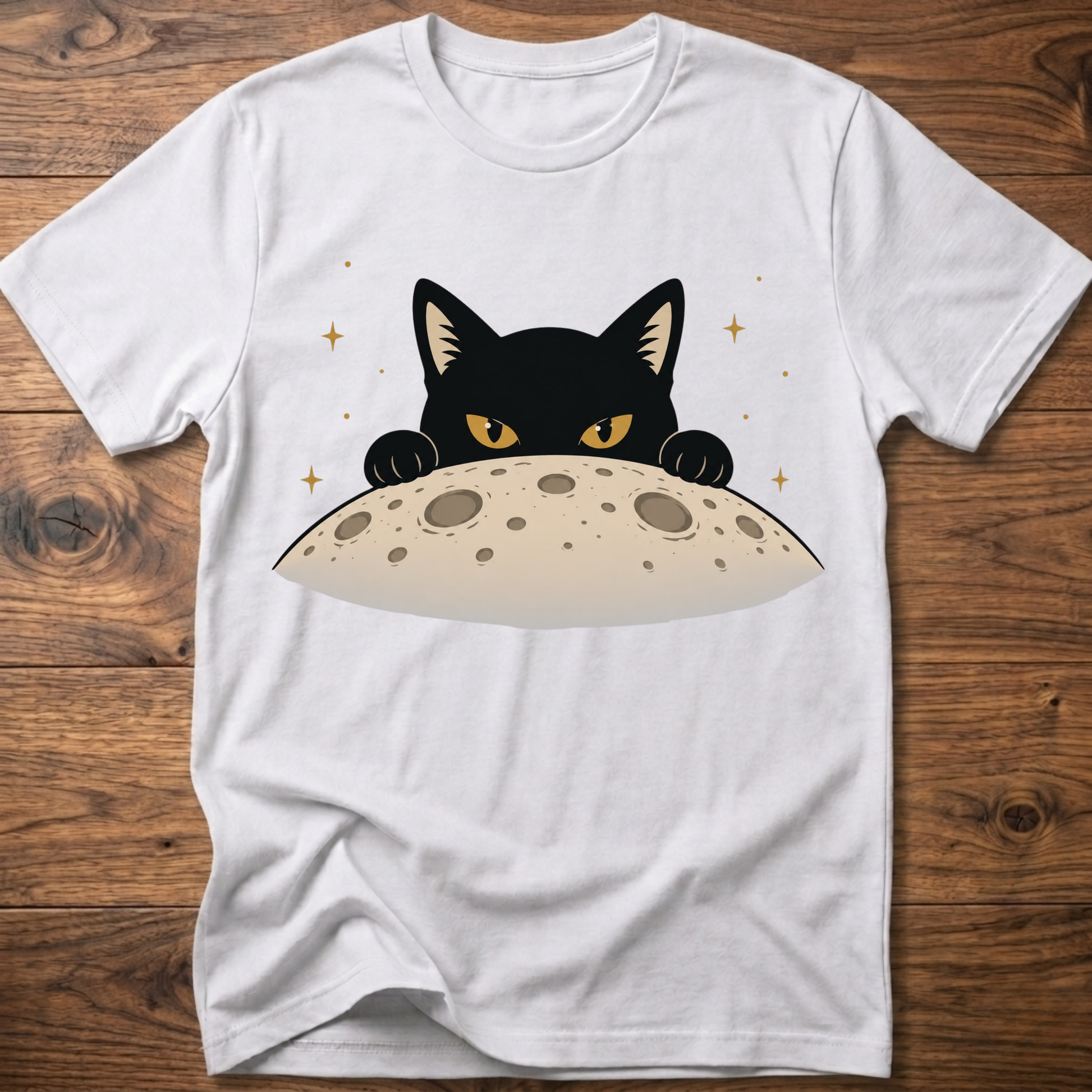 White cat T-shirt with black cat face above a gray moon graphic
