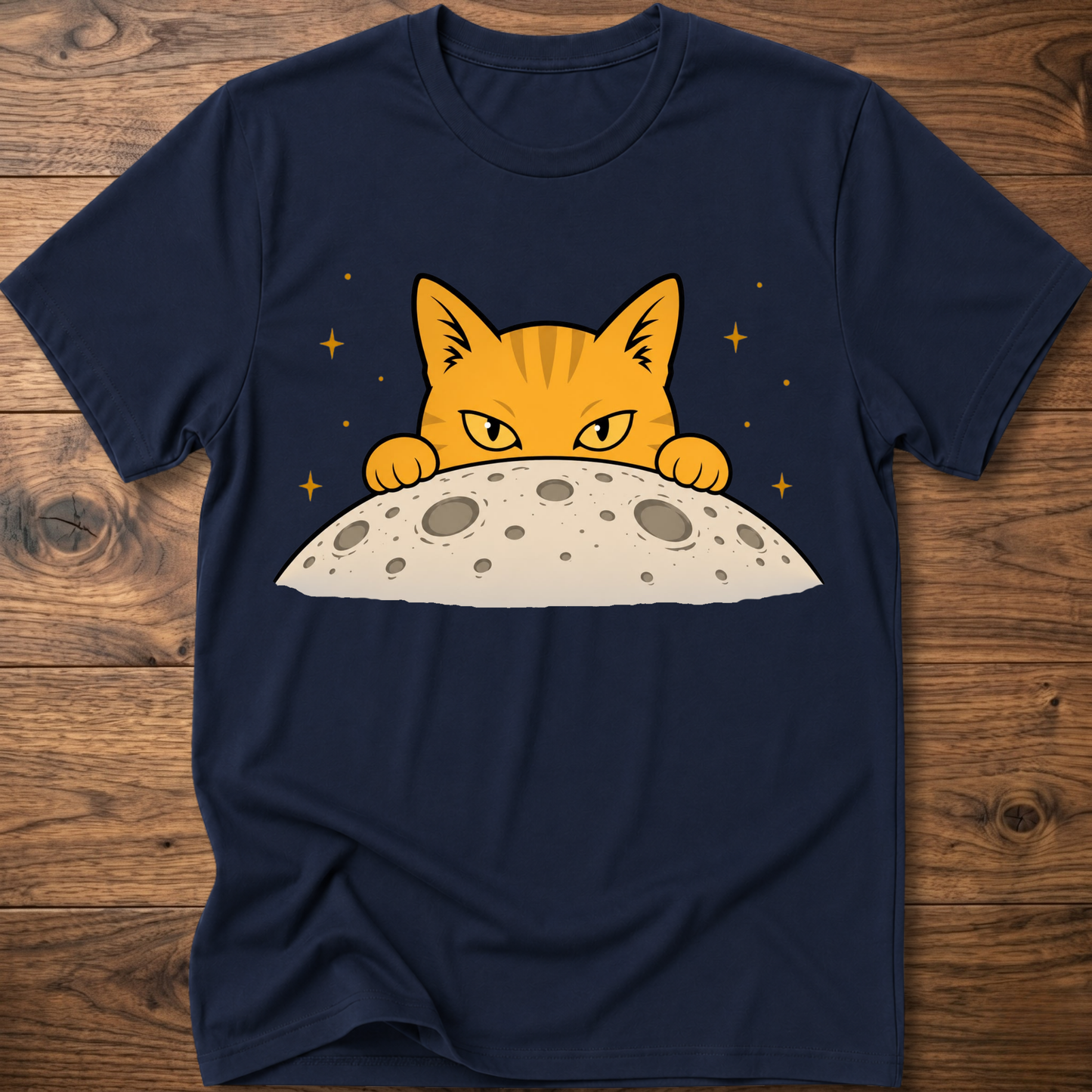 Navy cat T-shirt with orange cat face above a gray moon graphic