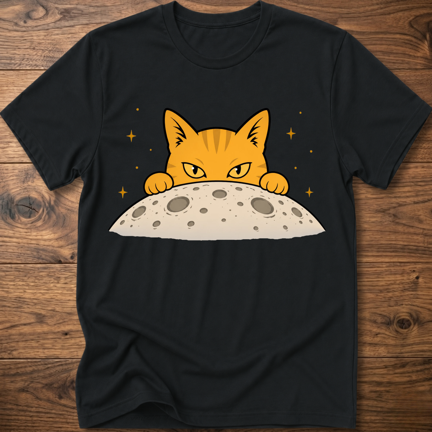 Black cat T-shirt with orange cat face above a gray moon graphic