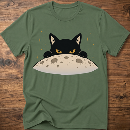 Military green cat T-shirt with black cat face above a gray moon graphic