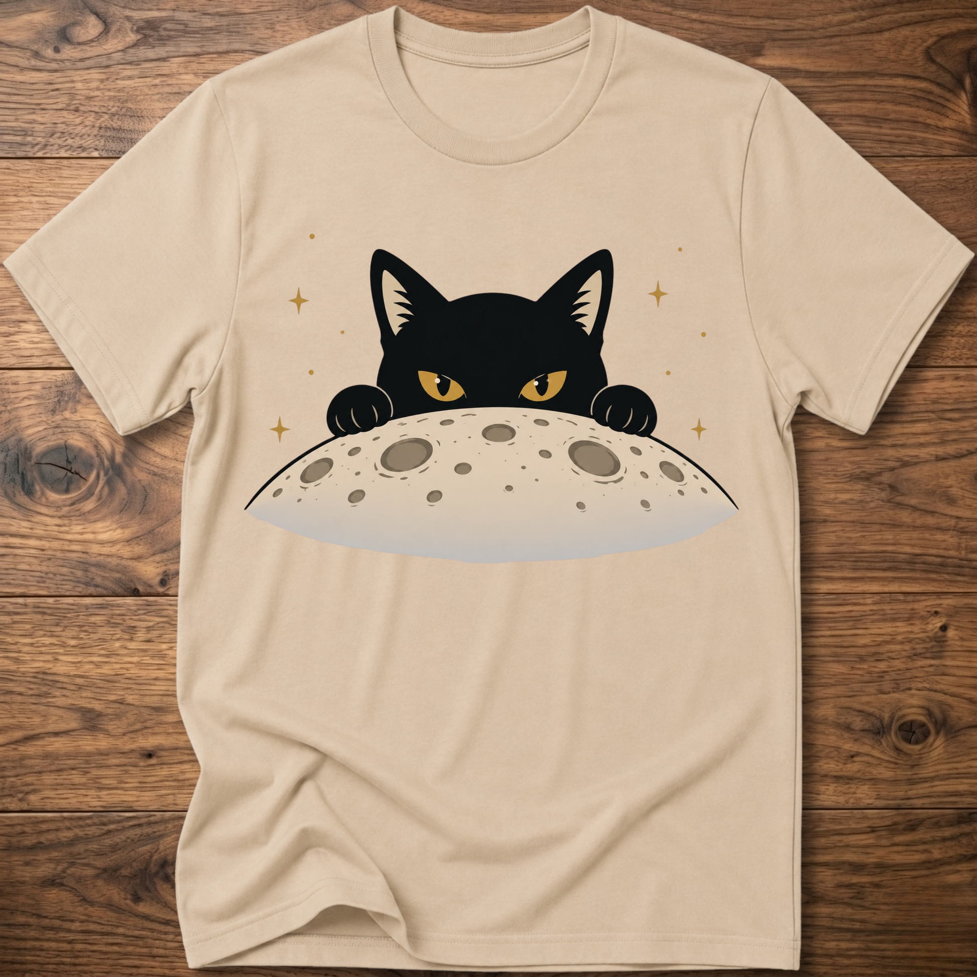 Sand cat T-shirt with black cat face above a gray moon graphic