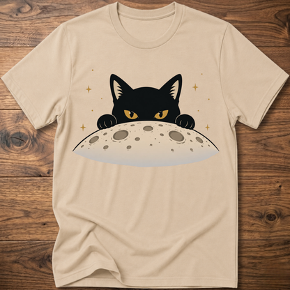 Sand cat T-shirt with black cat face above a gray moon graphic