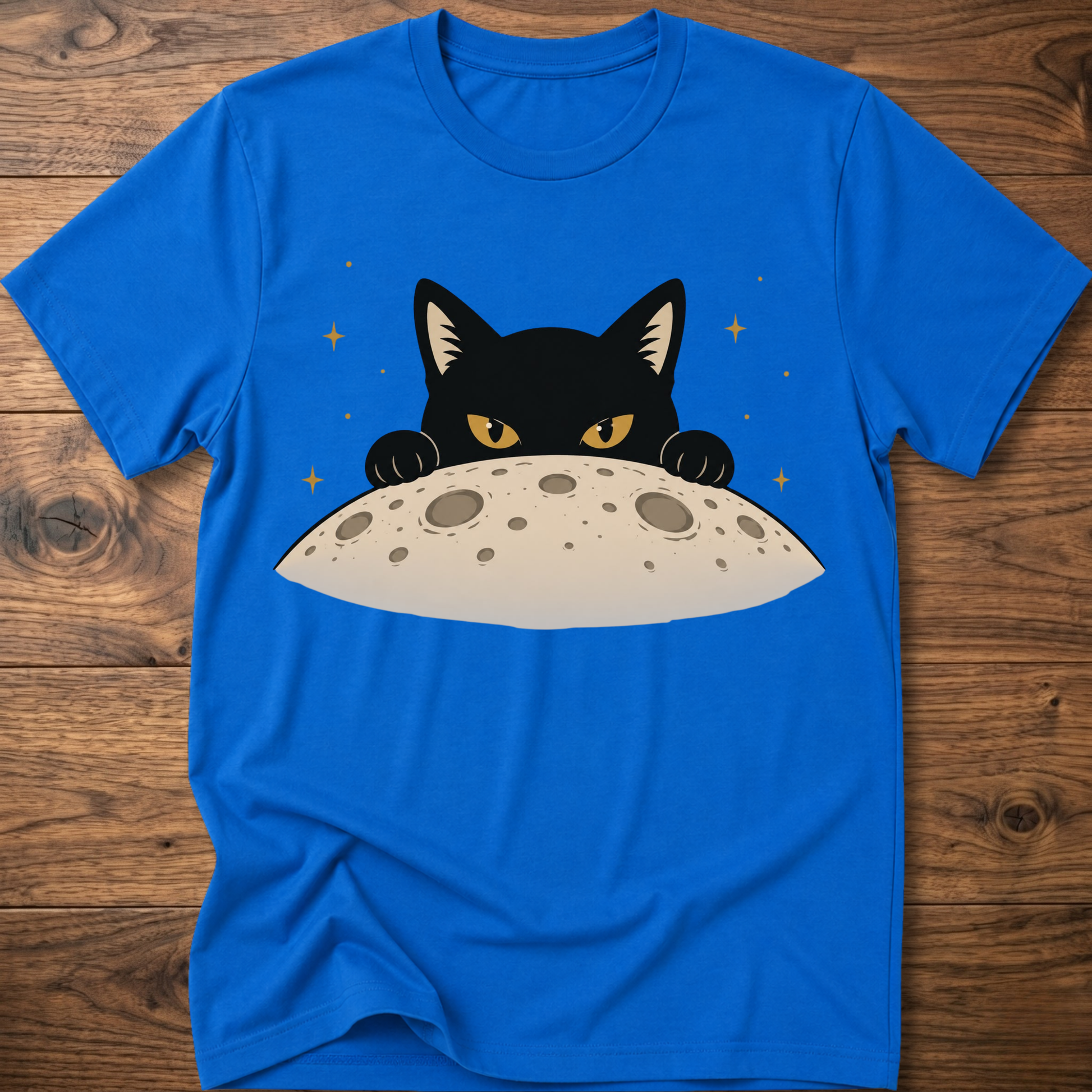 Royal blue cat T-shirt with black cat face above a gray moon graphic
