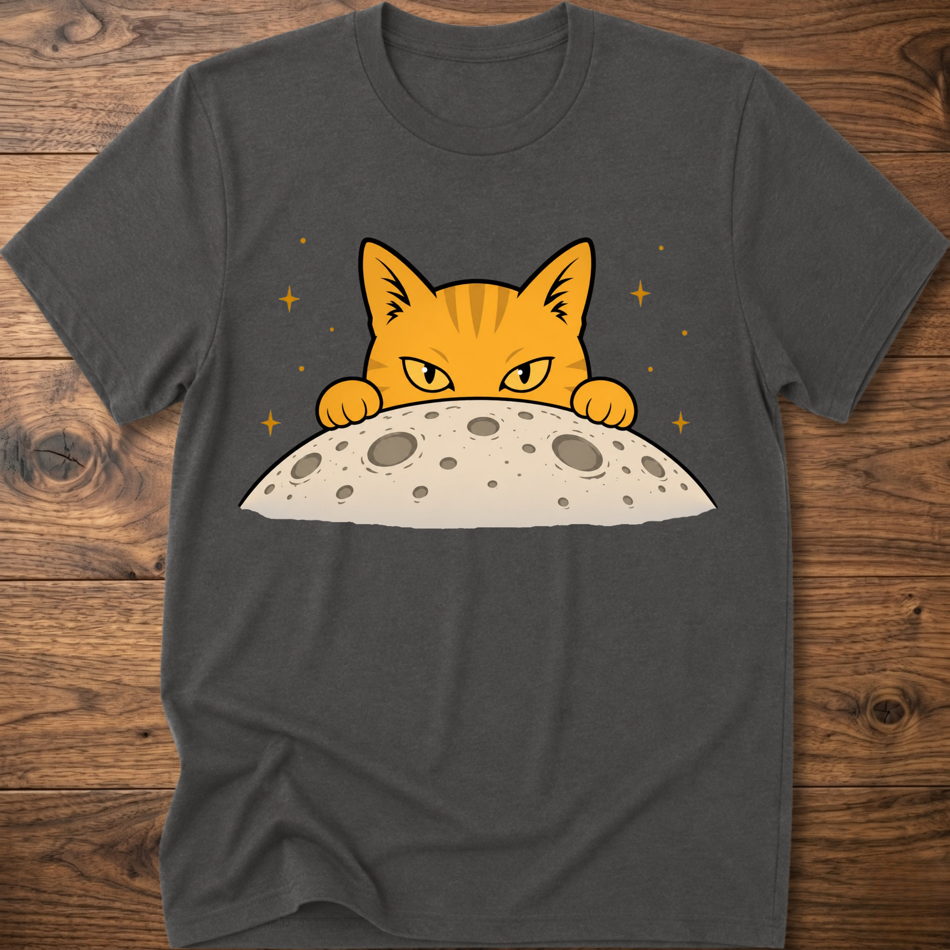 Dark gray cat T-shirt with orange cat face above a gray moon graphic