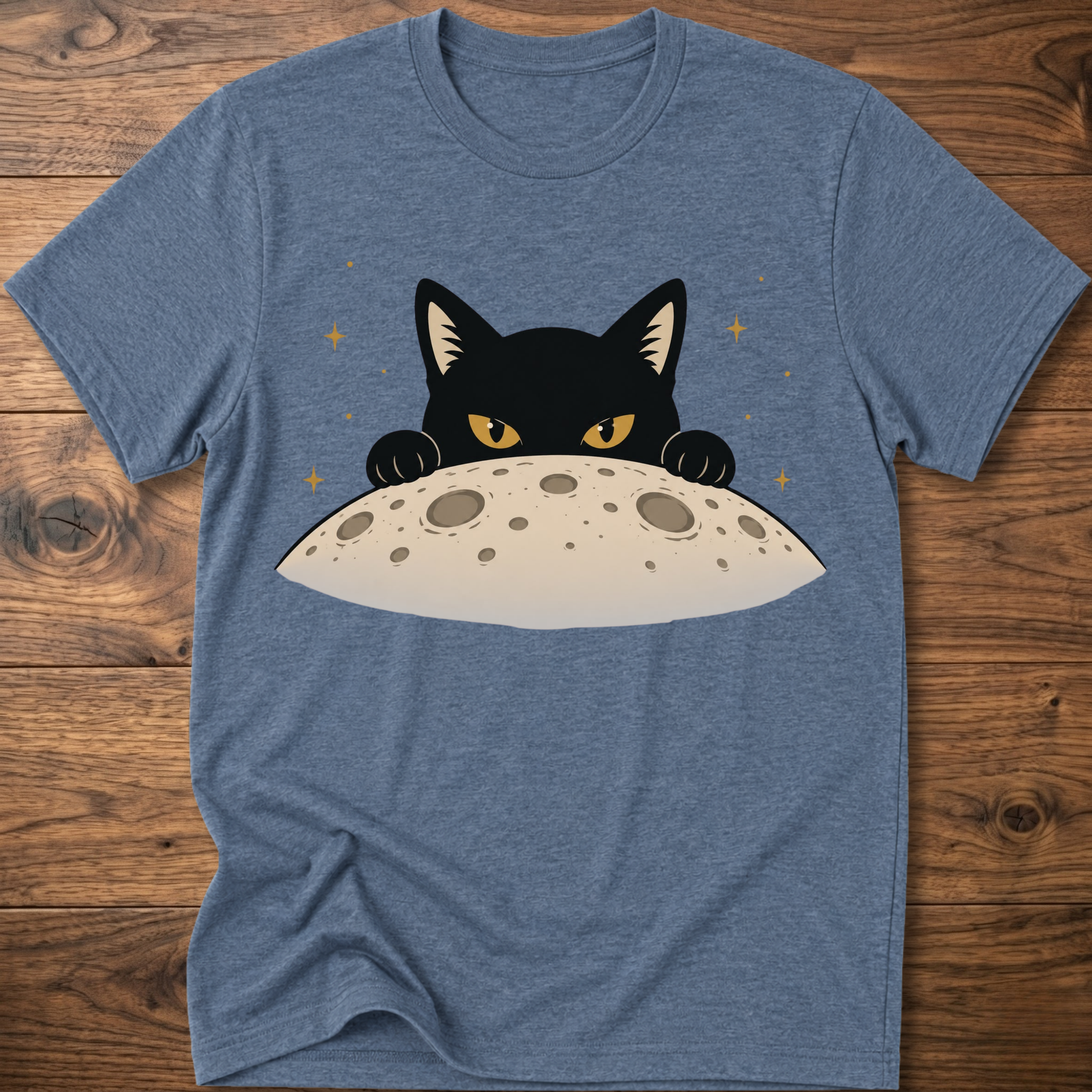 Heather indigo cat T-shirt with black cat face above a gray moon graphic