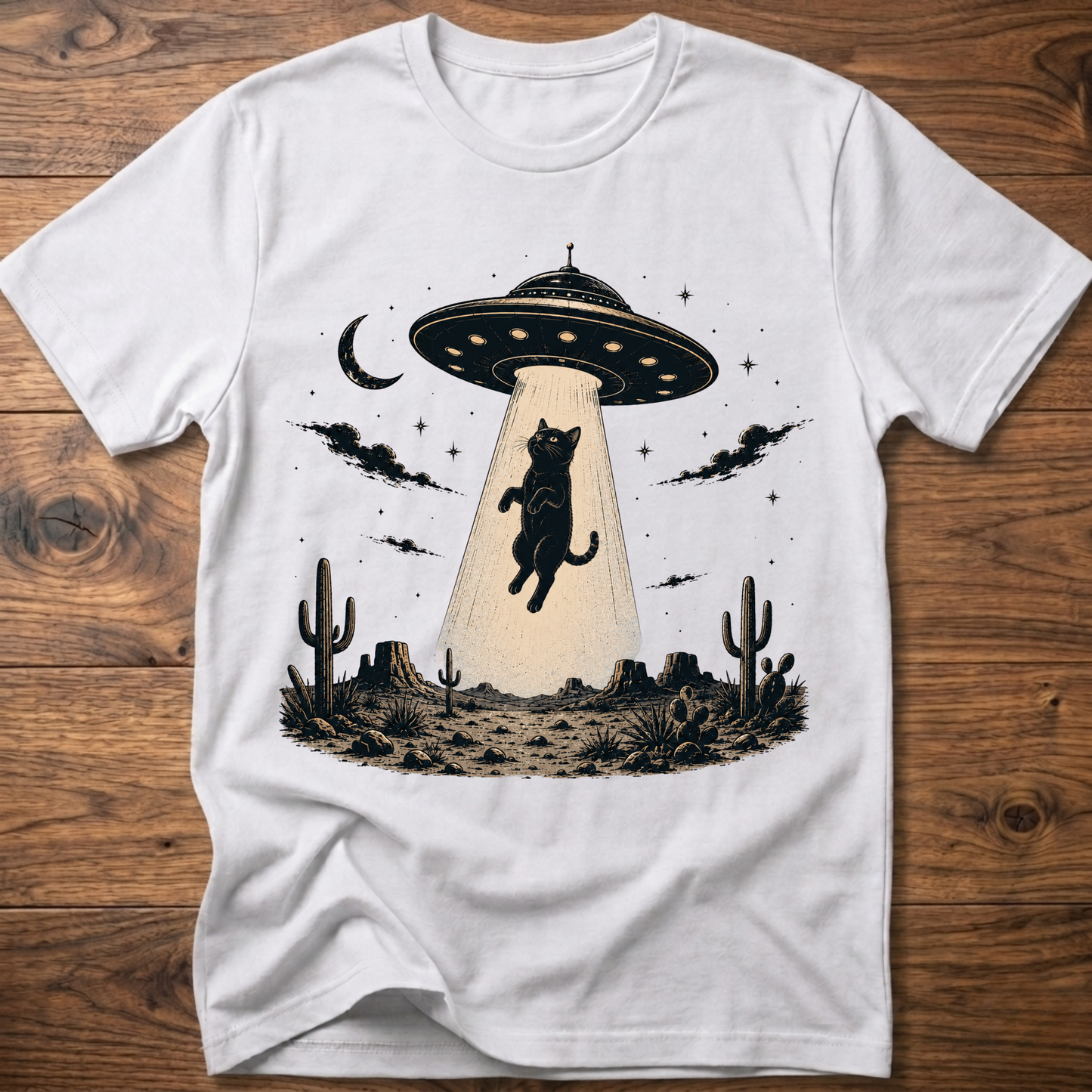 Cat UFO graphic t-shirt in white, crewneck with black cat under UFO scene