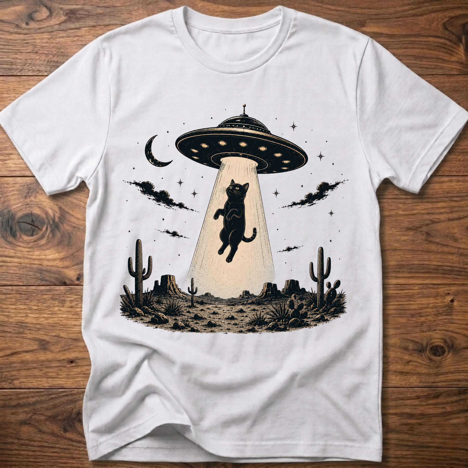 Cat UFO graphic t-shirt in white, crewneck with black cat under UFO scene