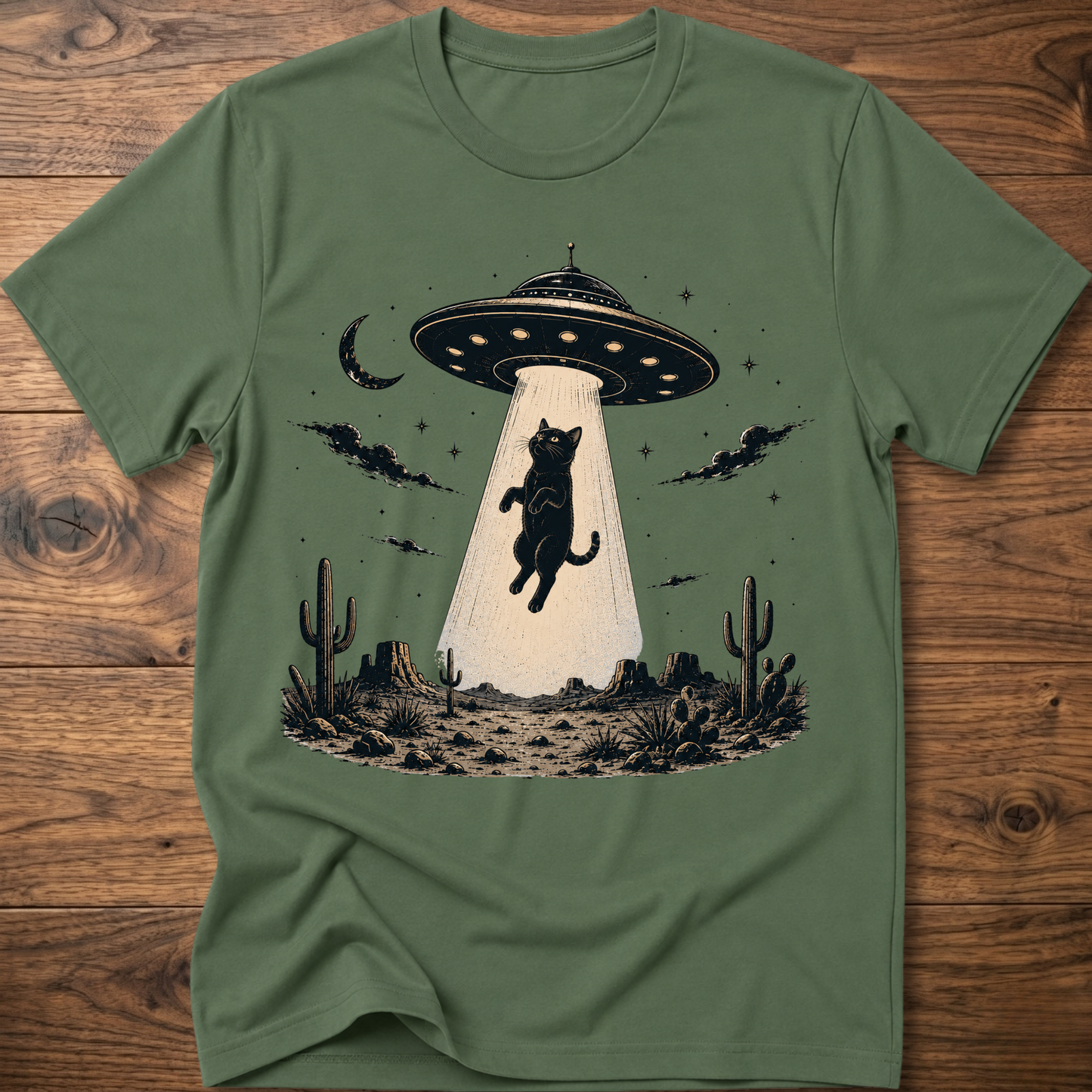 Cat UFO graphic t-shirt in military green, crewneck with black cat under UFO scene