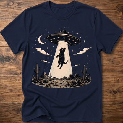 Cat UFO graphic t-shirt in navy, crewneck with black cat under UFO scene with moon