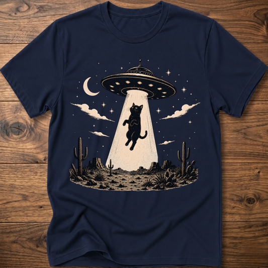 Cat UFO graphic t-shirt in navy, crewneck with black cat under UFO scene with moon