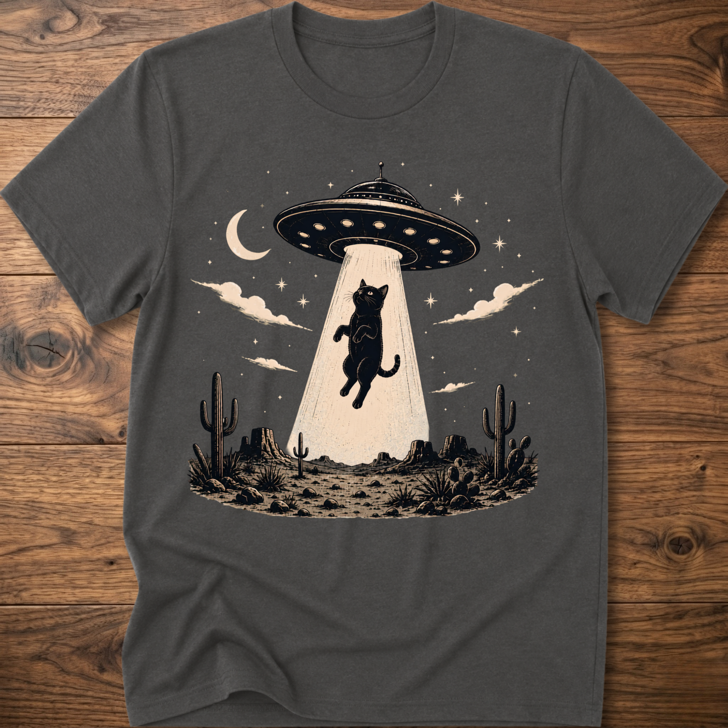 Cat UFO graphic t-shirt in charcoal gray, crewneck with black cat under UFO scene
