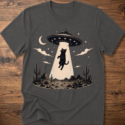 Cat UFO graphic t-shirt in charcoal gray, crewneck with black cat under UFO scene