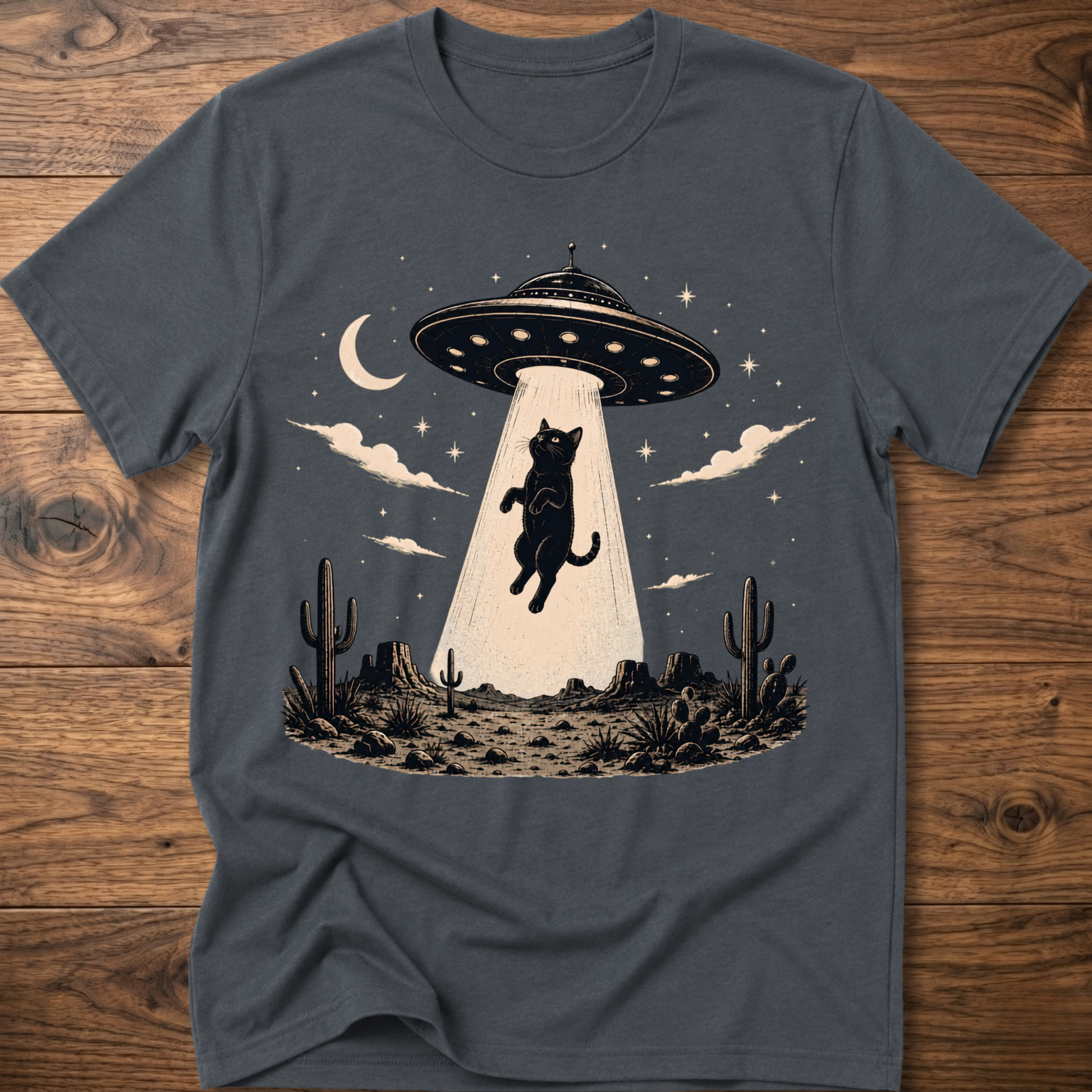 Cat UFO graphic t-shirt in dark gray, crewneck with black cat under UFO scene