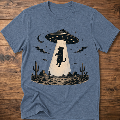 Cat UFO graphic t-shirt in heather indigo, crewneck with black cat under UFO scene