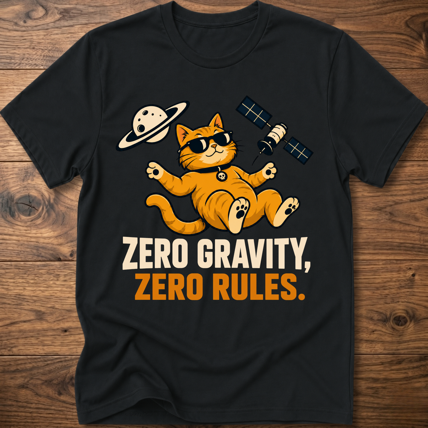 Black cat astronaut T-shirt with “Zero Gravity, Zero Rules” front graphic
