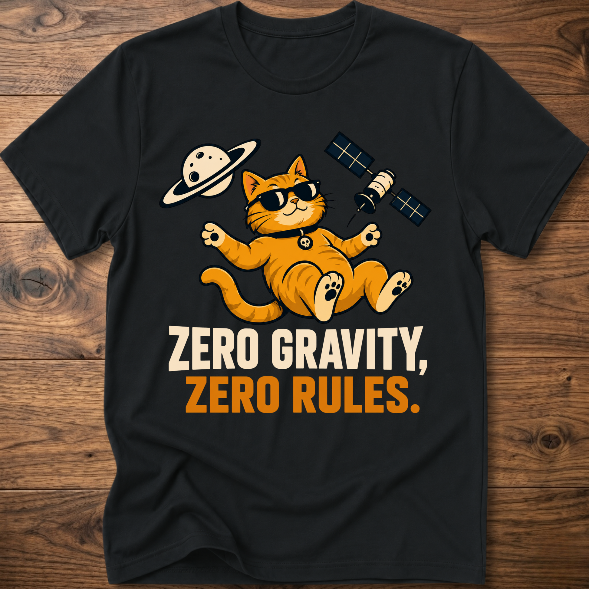 Black cat astronaut T-shirt with “Zero Gravity, Zero Rules” front graphic