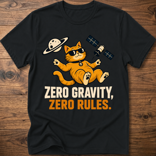 Black cat astronaut T-shirt with “Zero Gravity, Zero Rules” front graphic