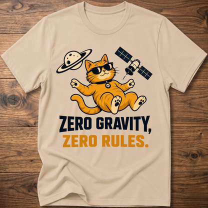 Sand cat astronaut T-shirt with “Zero Gravity, Zero Rules” front graphic