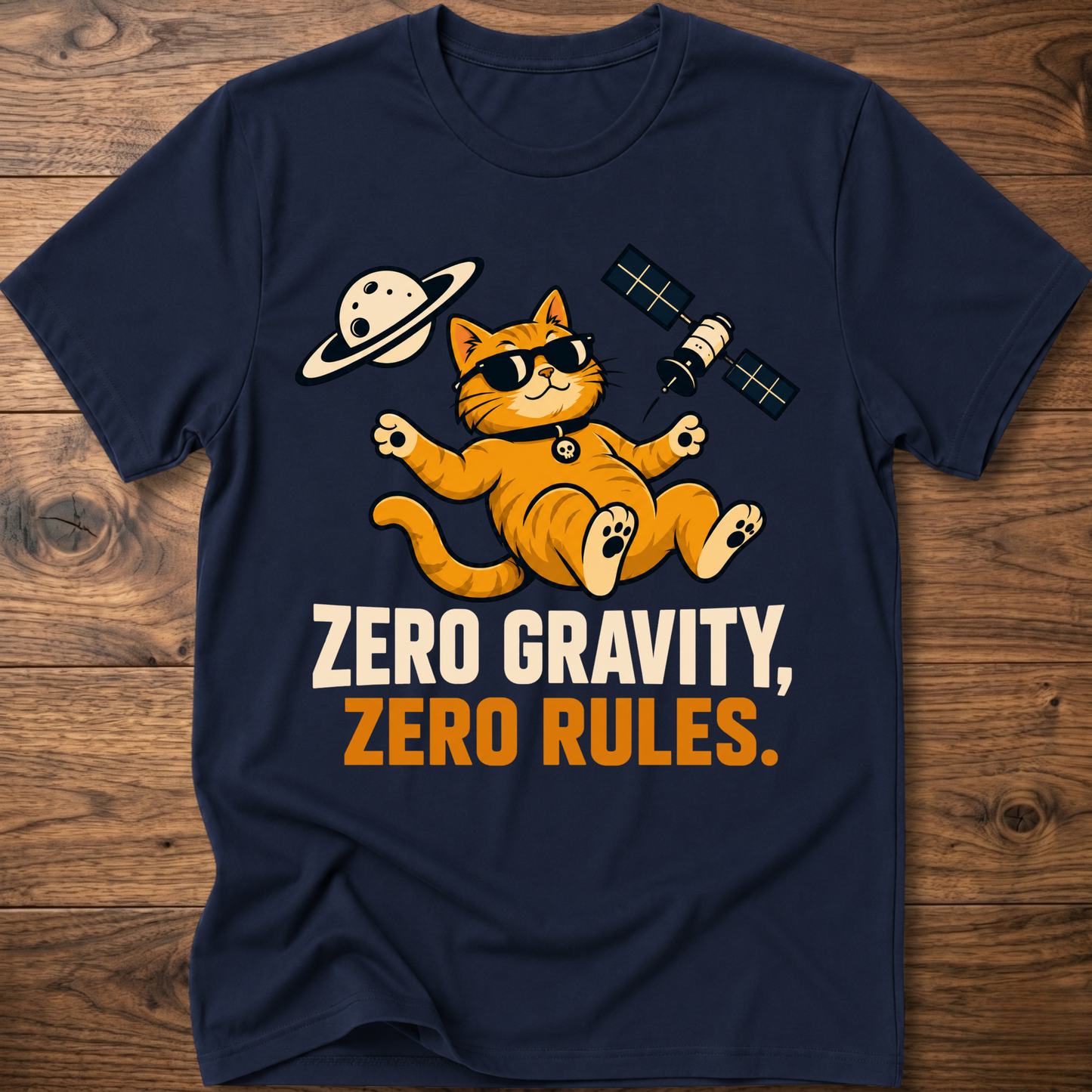 Navy cat astronaut T-shirt with “Zero Gravity, Zero Rules” front graphic