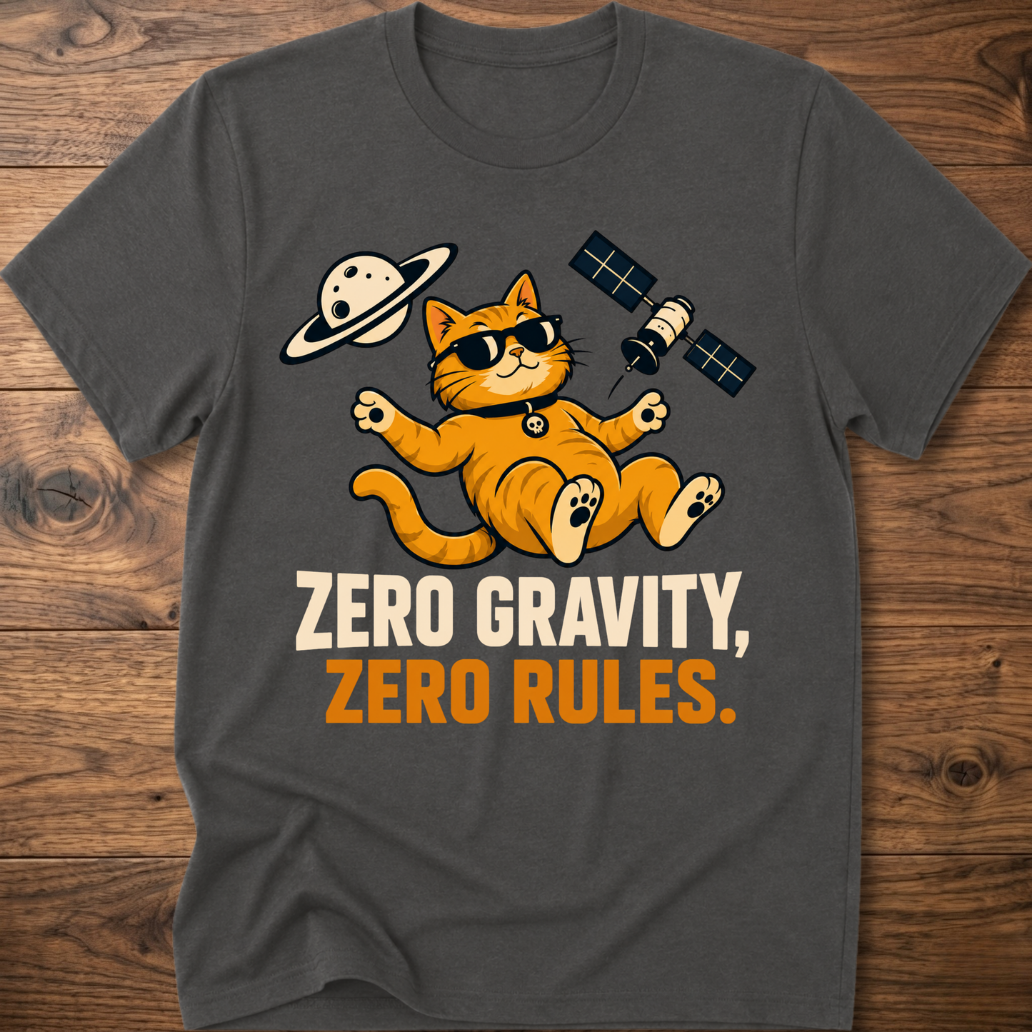 Charcoal cat astronaut T-shirt with “Zero Gravity, Zero Rules” front graphic