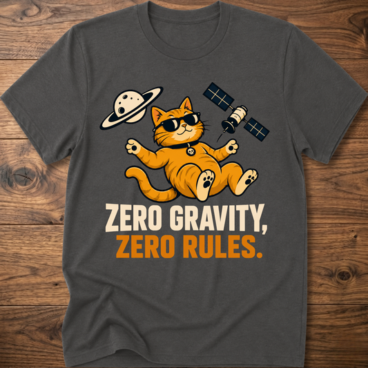Charcoal cat astronaut T-shirt with “Zero Gravity, Zero Rules” front graphic