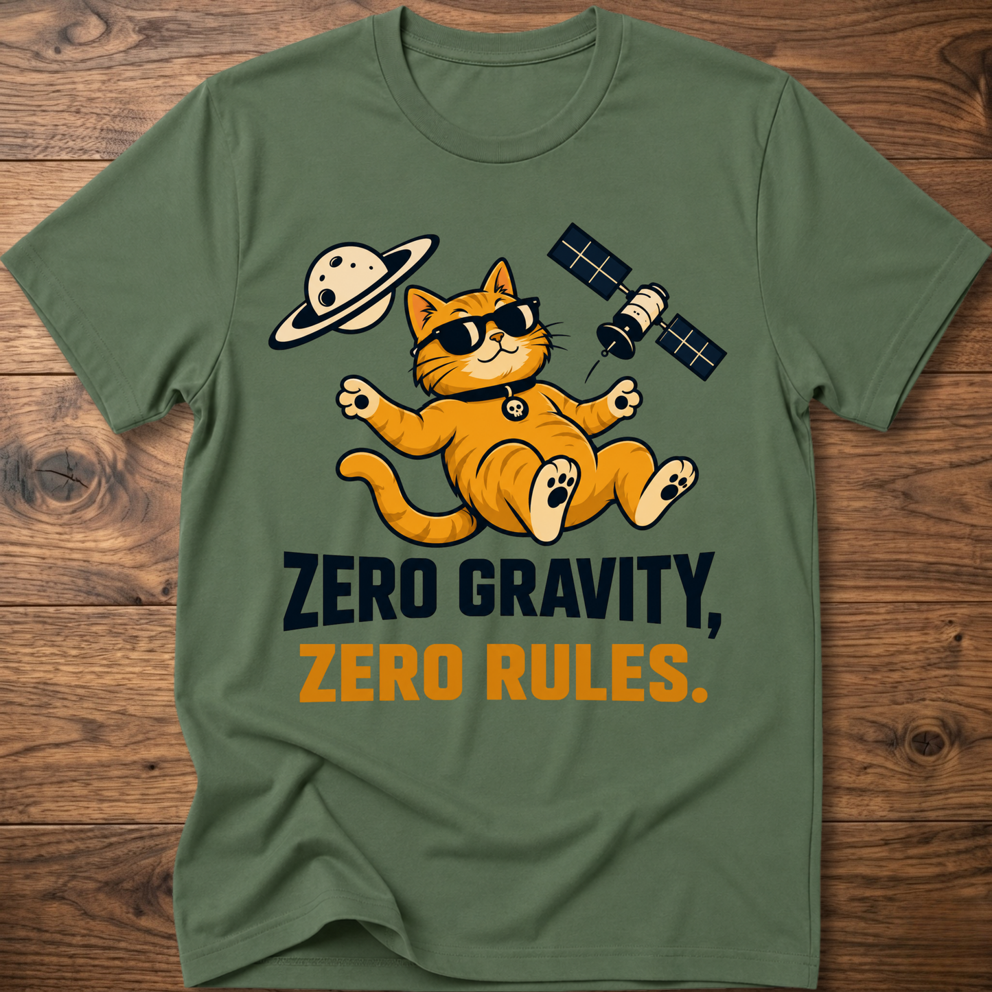 Military green cat astronaut T-shirt with “Zero Gravity, Zero Rules” front graphic