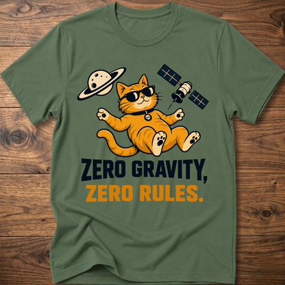 Military green cat astronaut T-shirt with “Zero Gravity, Zero Rules” front graphic