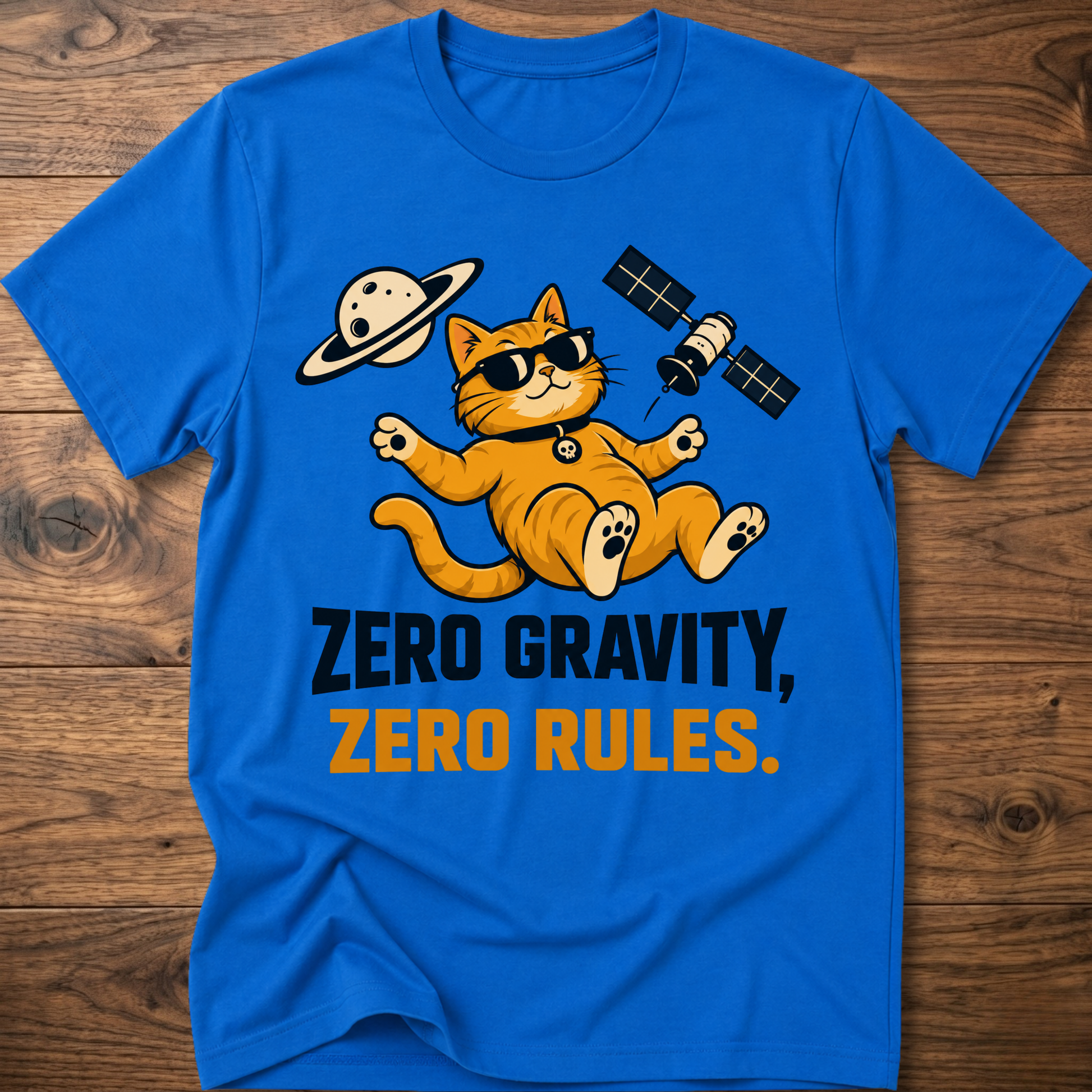 Royal blue cat astronaut T-shirt with “Zero Gravity, Zero Rules” front graphic