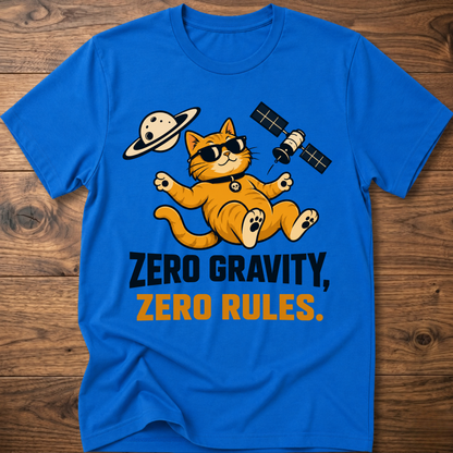 Royal blue cat astronaut T-shirt with “Zero Gravity, Zero Rules” front graphic