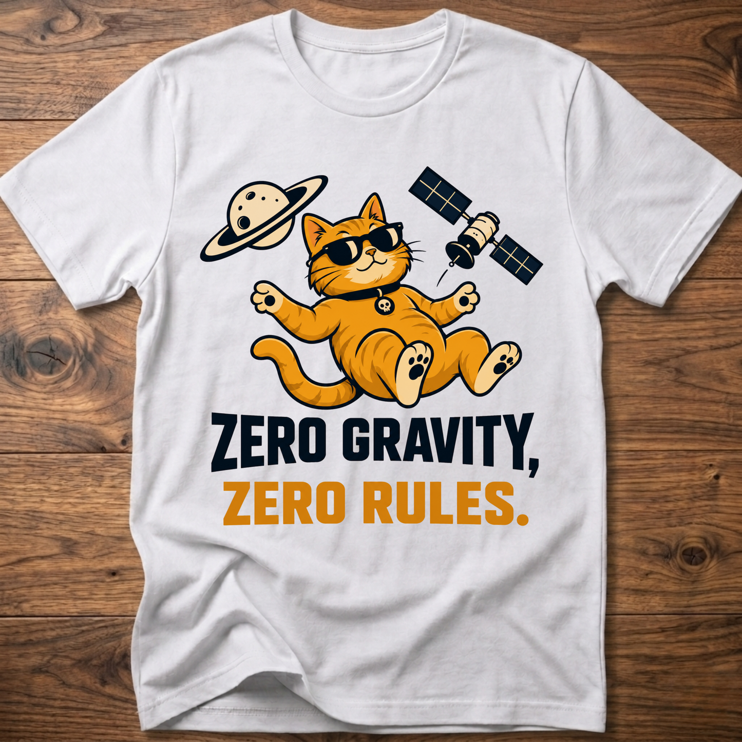 White cat astronaut T-shirt with “Zero Gravity, Zero Rules” front graphic