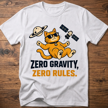 White cat astronaut T-shirt with “Zero Gravity, Zero Rules” front graphic