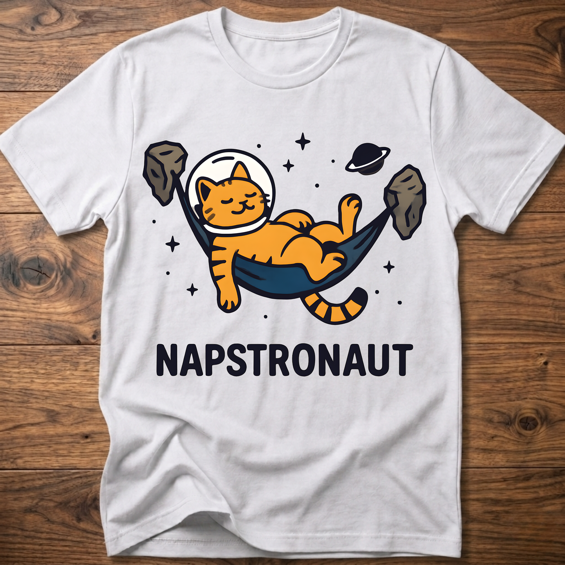 White crew-neck cat astronaut graphic t-shirt with NAPSTRONAUT print