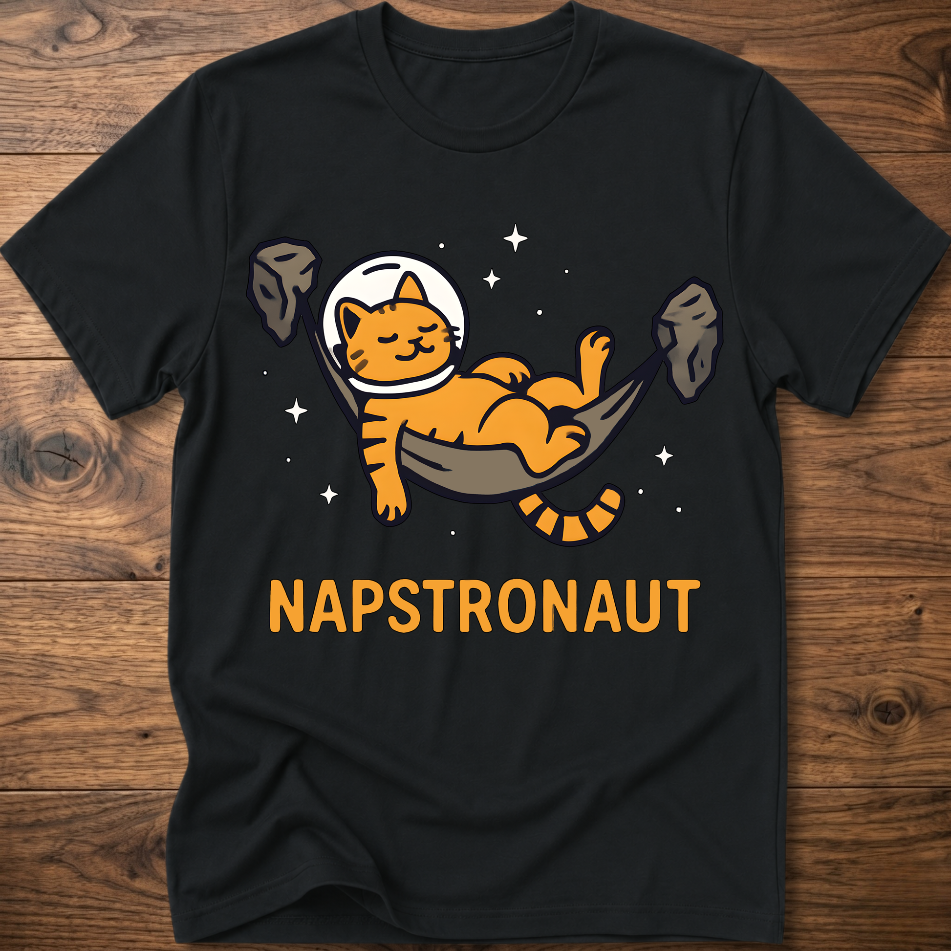 Black crew-neck cat astronaut graphic t-shirt with NAPSTRONAUT print