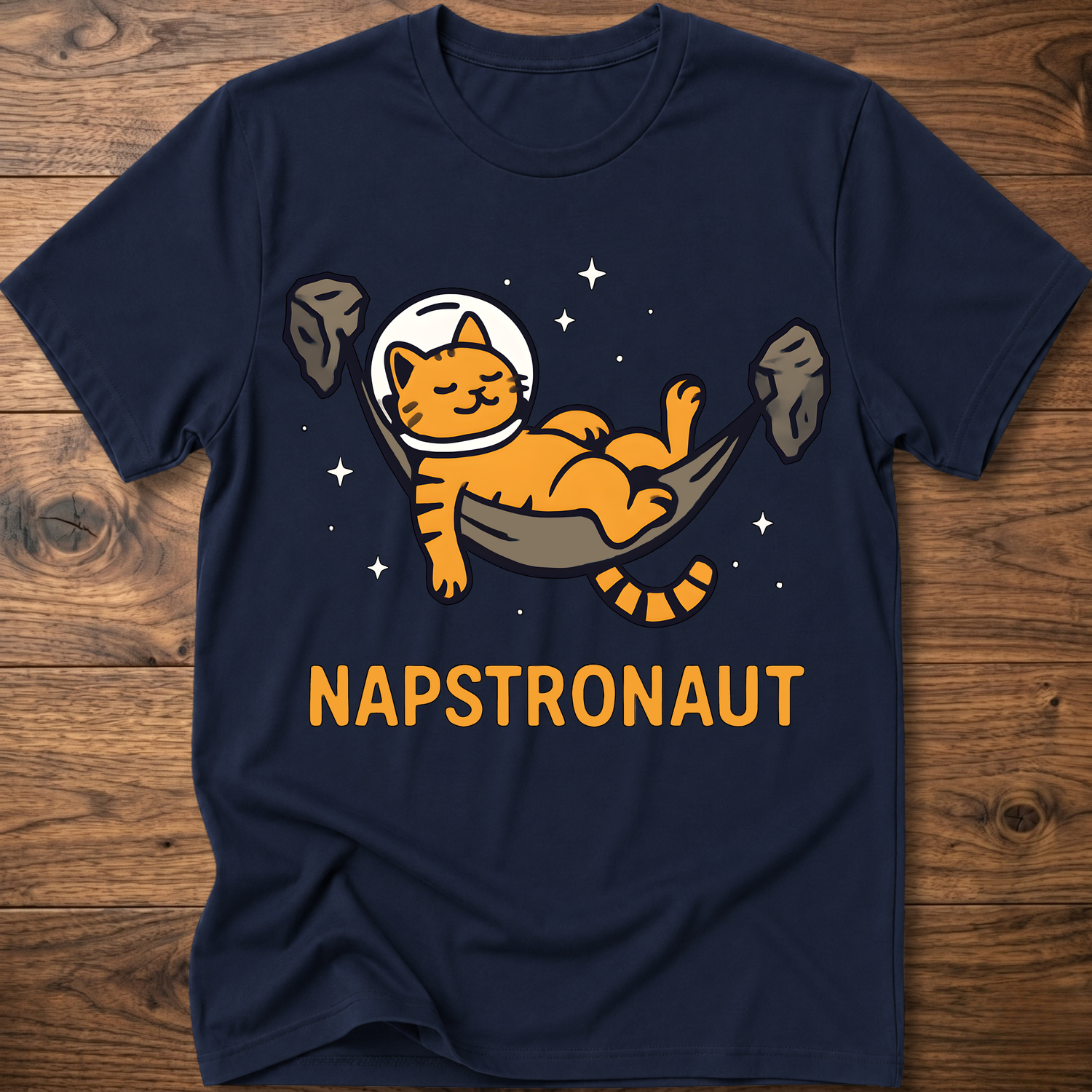 Navy crew-neck cat astronaut graphic t-shirt with NAPSTRONAUT print