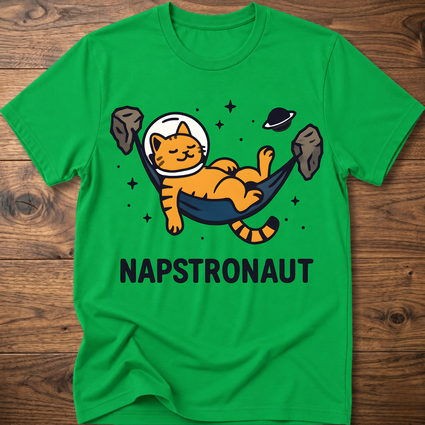 Green crew-neck cat astronaut graphic t-shirt with NAPSTRONAUT print